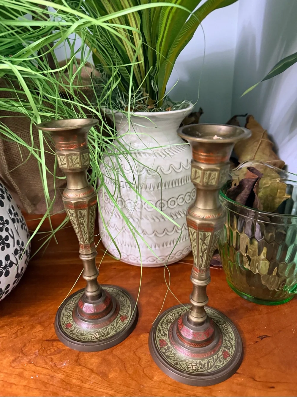 Vintage 1982 Stamped Indian Brass & Enamel Candlesticks – Matching Pair